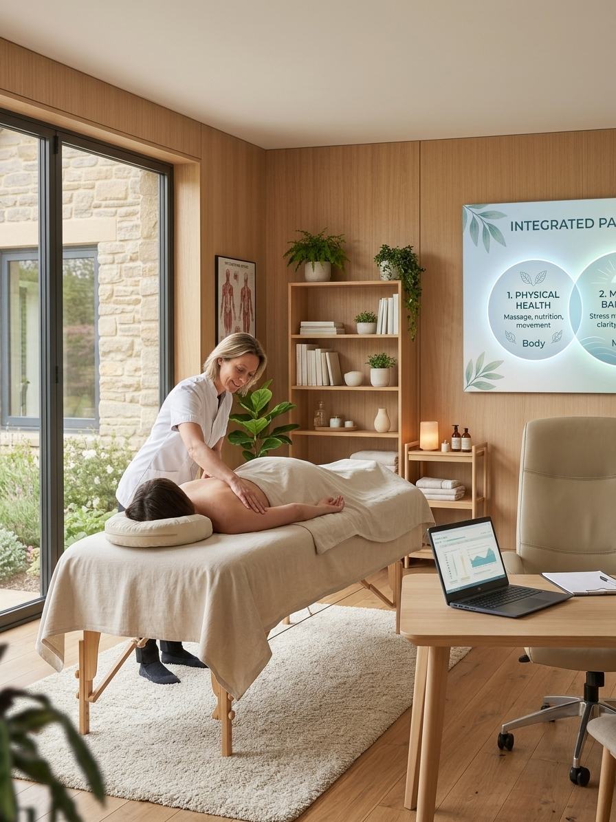 Treatment room at the clinic, with a therapist working on a patient
